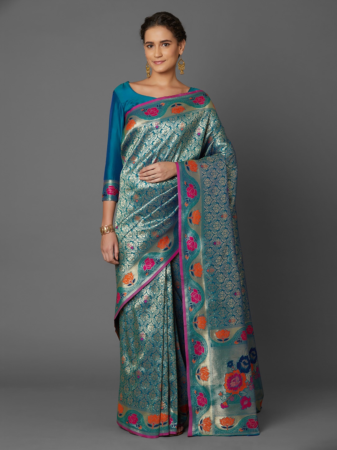 

Mitera Teal & Blue Silk Blend Woven Design Banarasi Saree