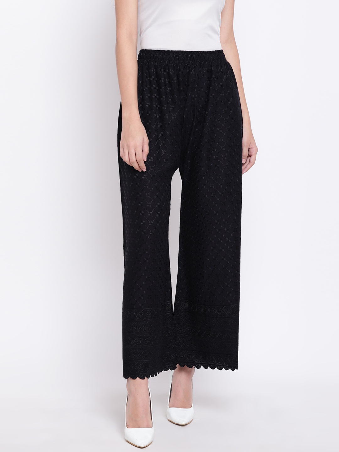 

RIVI Women Black Straight Self Design Palazzos