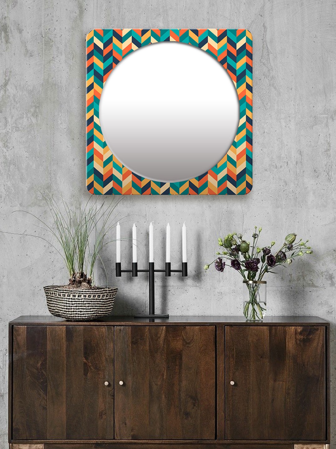 

999Store Multicoloured Printed Square MDF Wall Mirror, Multi