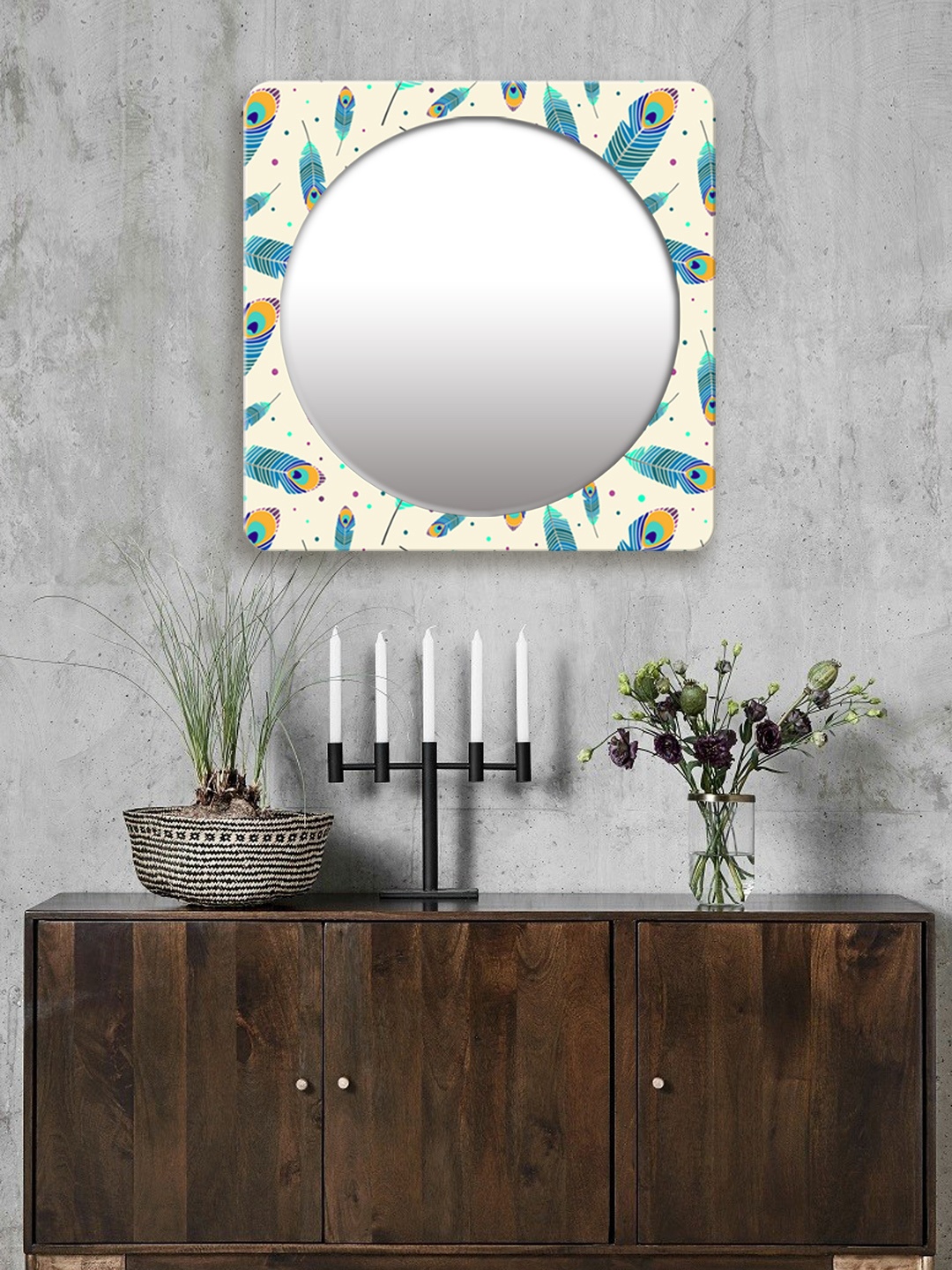 

999Store White & Blue Printed Square MDF Wall Mirror