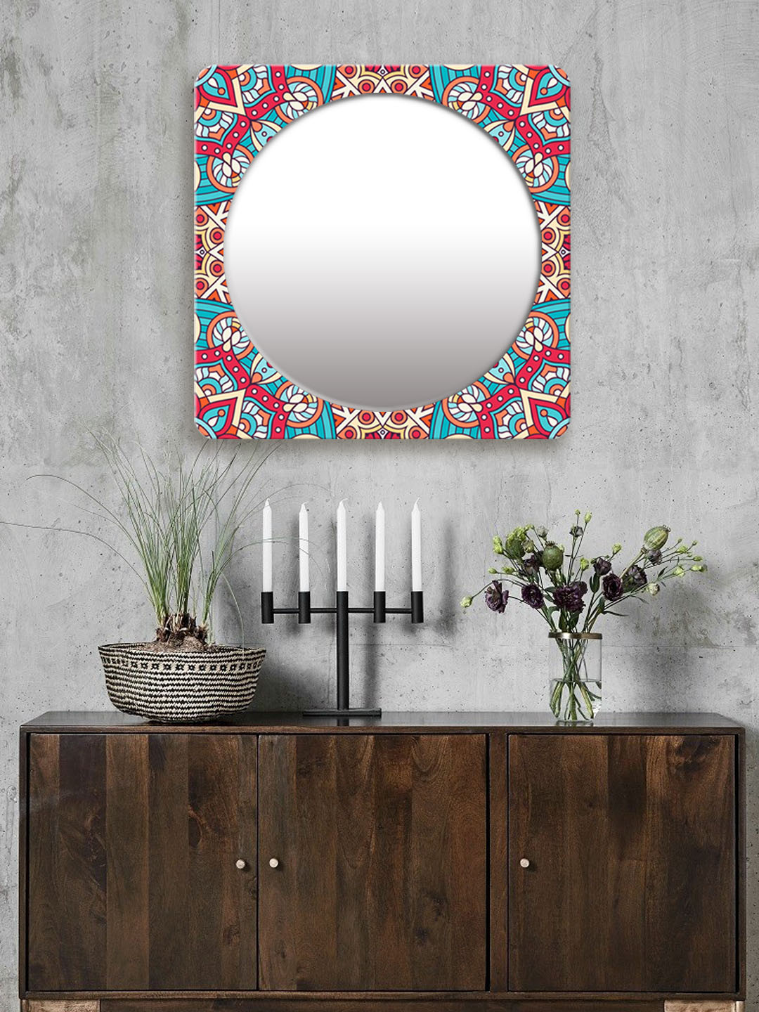 

999Store Red & Blue Printed Square MDF Wall Mirror