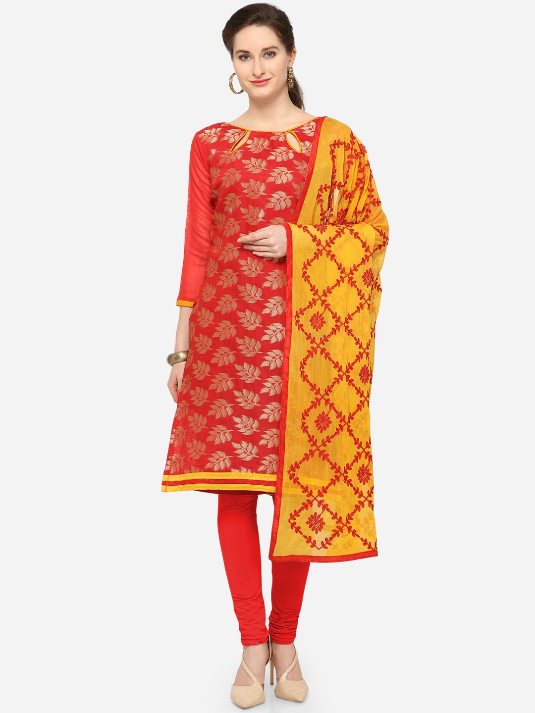 

Blissta Red & Yellow Silk Blend Unstitched Dress Material