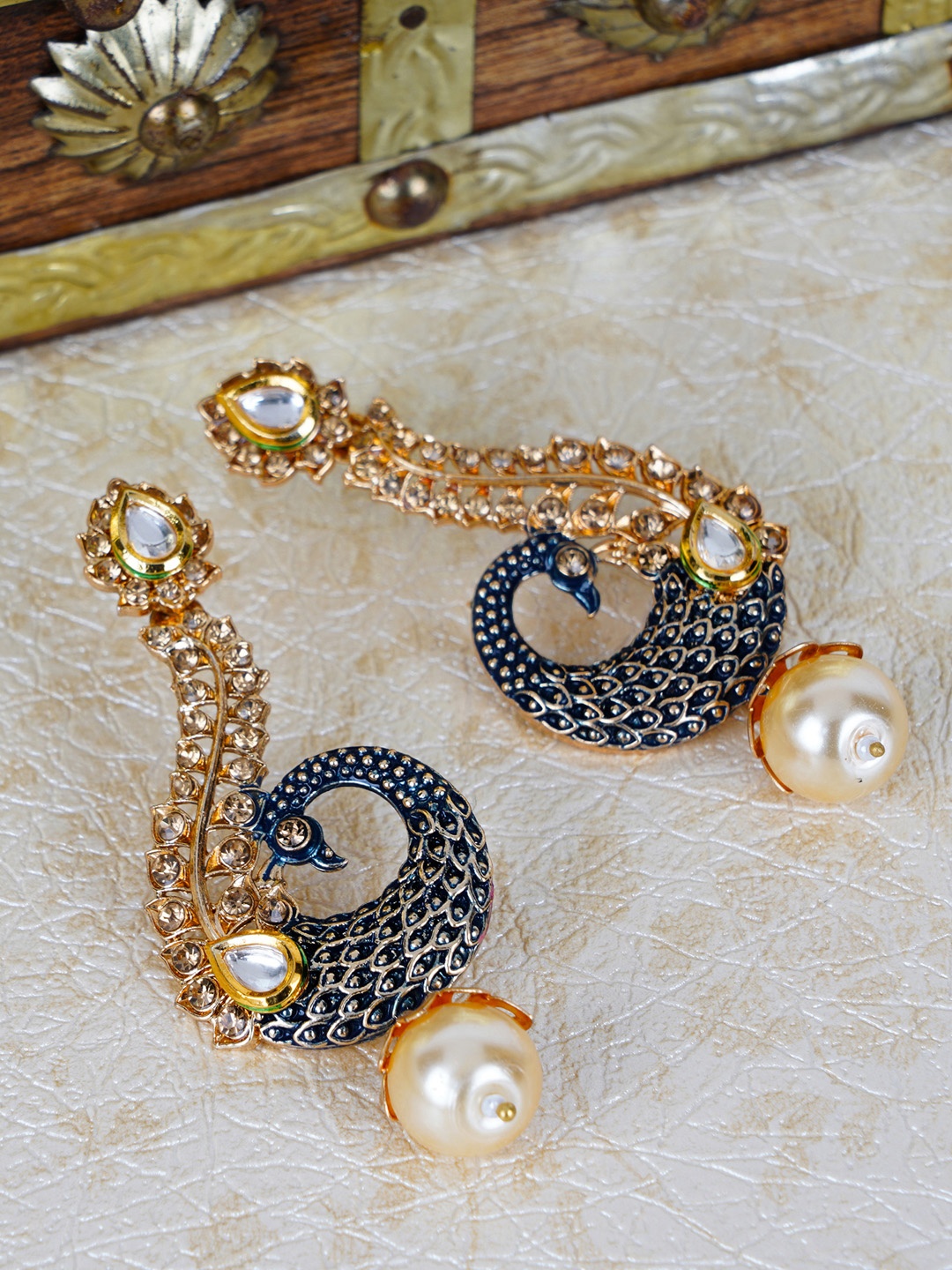

Shining Diva Gold-Plated & Blue Peacock Shaped Drop Earrings