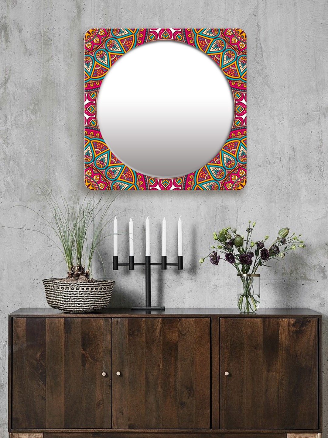 

999Store Multicoloured Printed Square MDF Wall Mirror, Multi