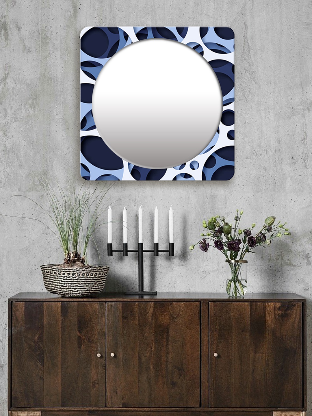 

999Store Blue & White Printed Square MDF Wall Mirror