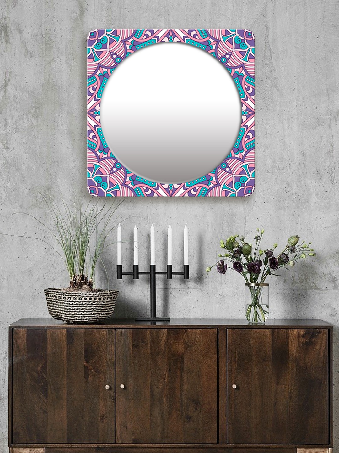 

999Store Pink & Blue Printed Square MDF Wall Mirror