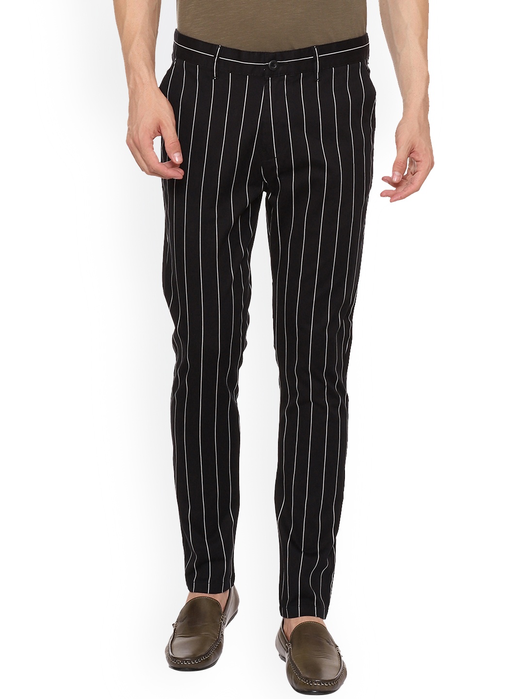 

People Men Black & White Slim Fit Striped Regular Trousers