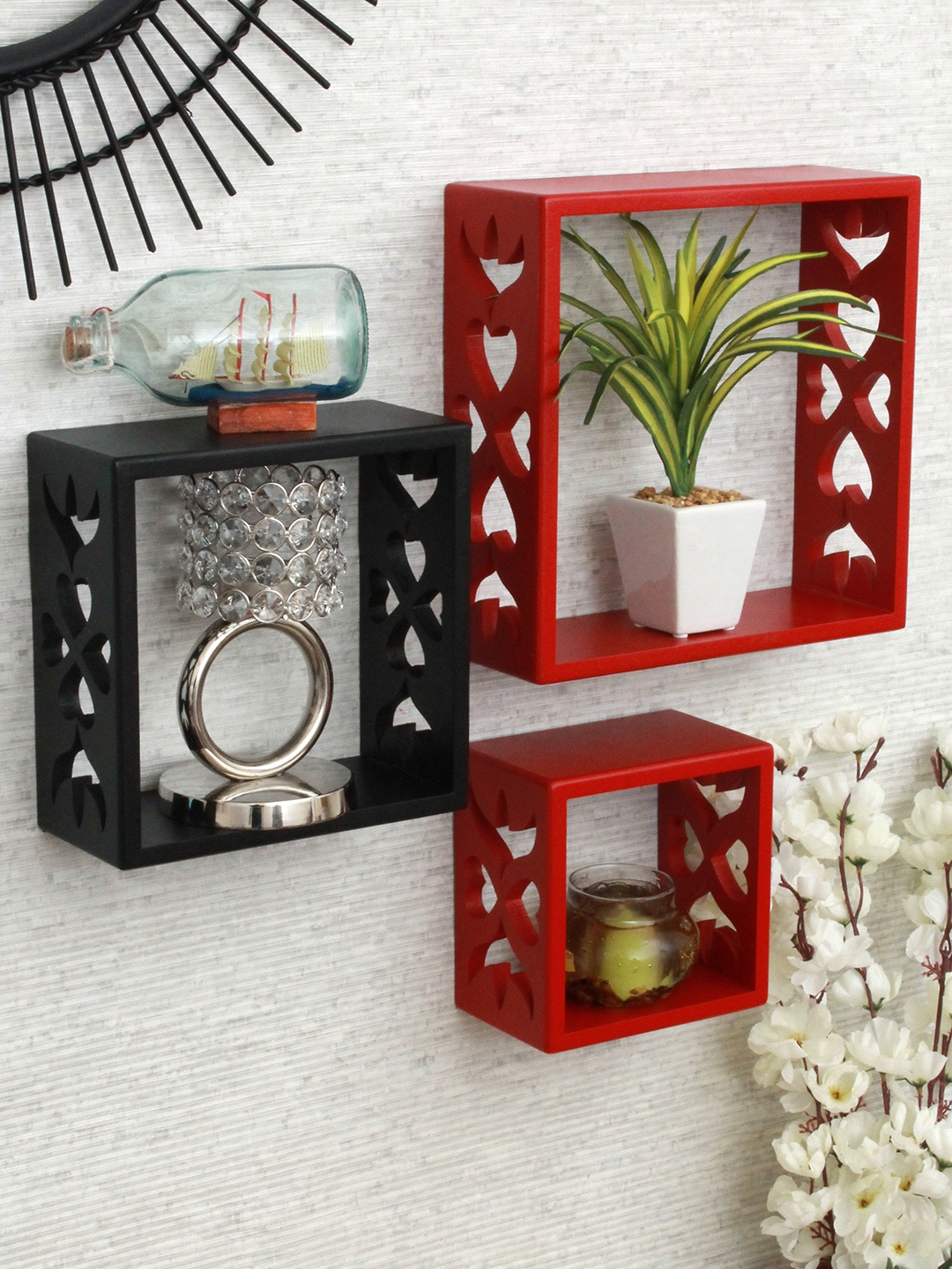 Home Sparkle Set of 3 Black & Red MDF Basic Wall Shelves