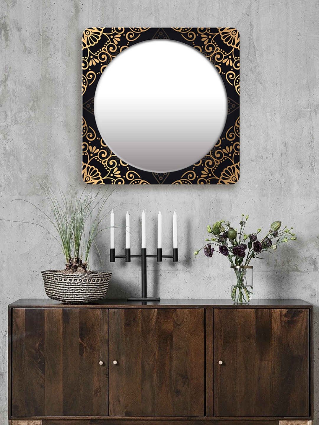 

999Store Gold-Toned & Black Printed Square MDF Wall Mirror