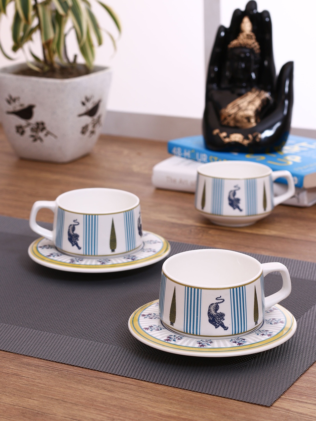 

India Circus Set of 6 White & Blue Printed Ceramic Cups & Saucers