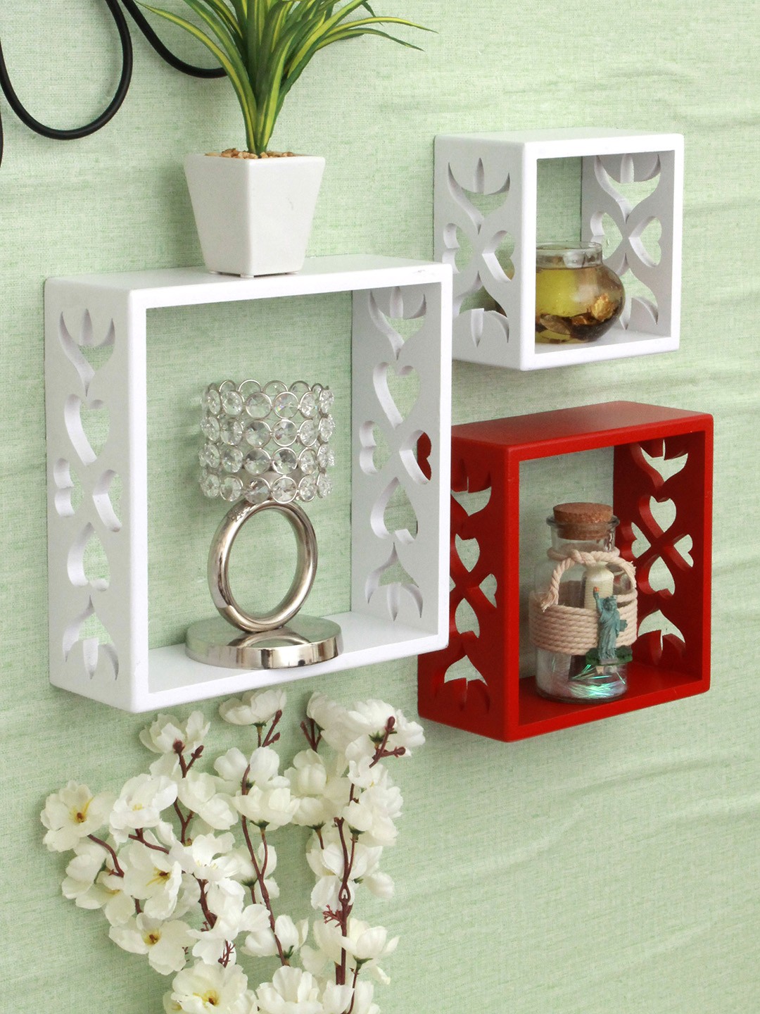 

Home Sparkle White & Red Set Of 3 MDF Basic Wall Shelves