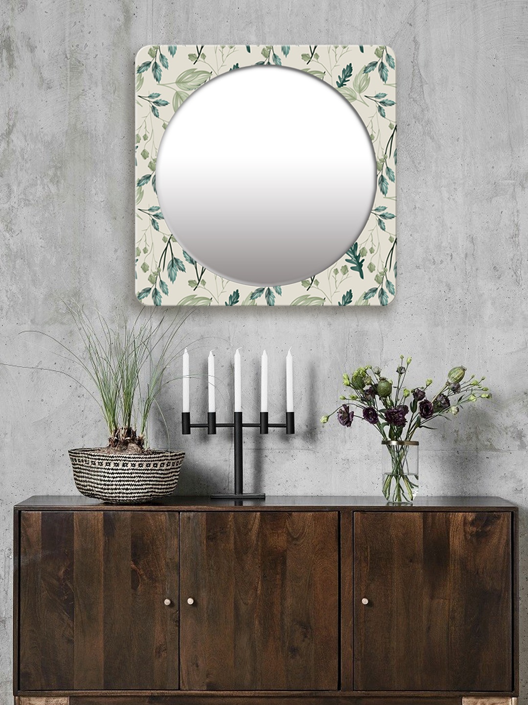 

999Store Green & Off White Printed Square MDF Wall Mirror