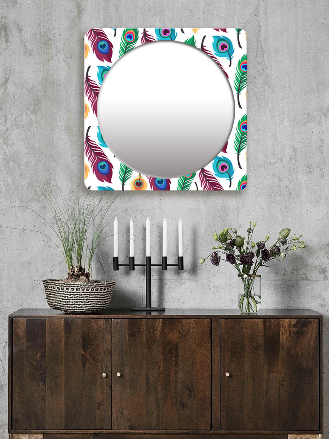 

999Store Multicoloured Printed Square MDF Wall Mirror, Multi