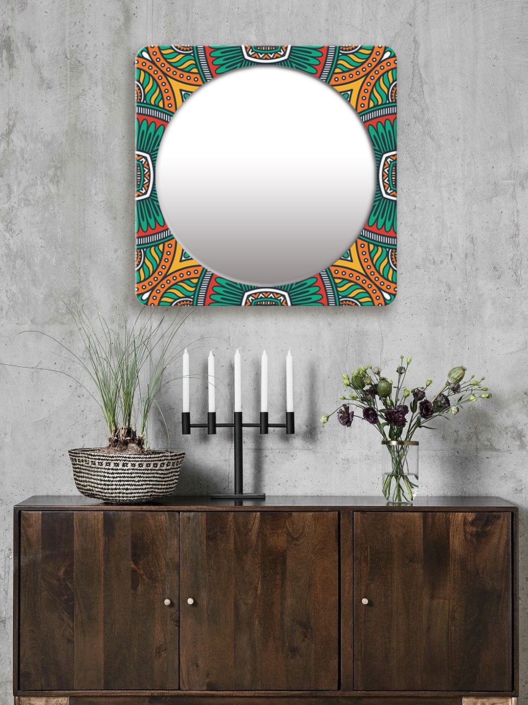 

999Store Multicoloured Printed Square MDF Wall Mirror, Multi