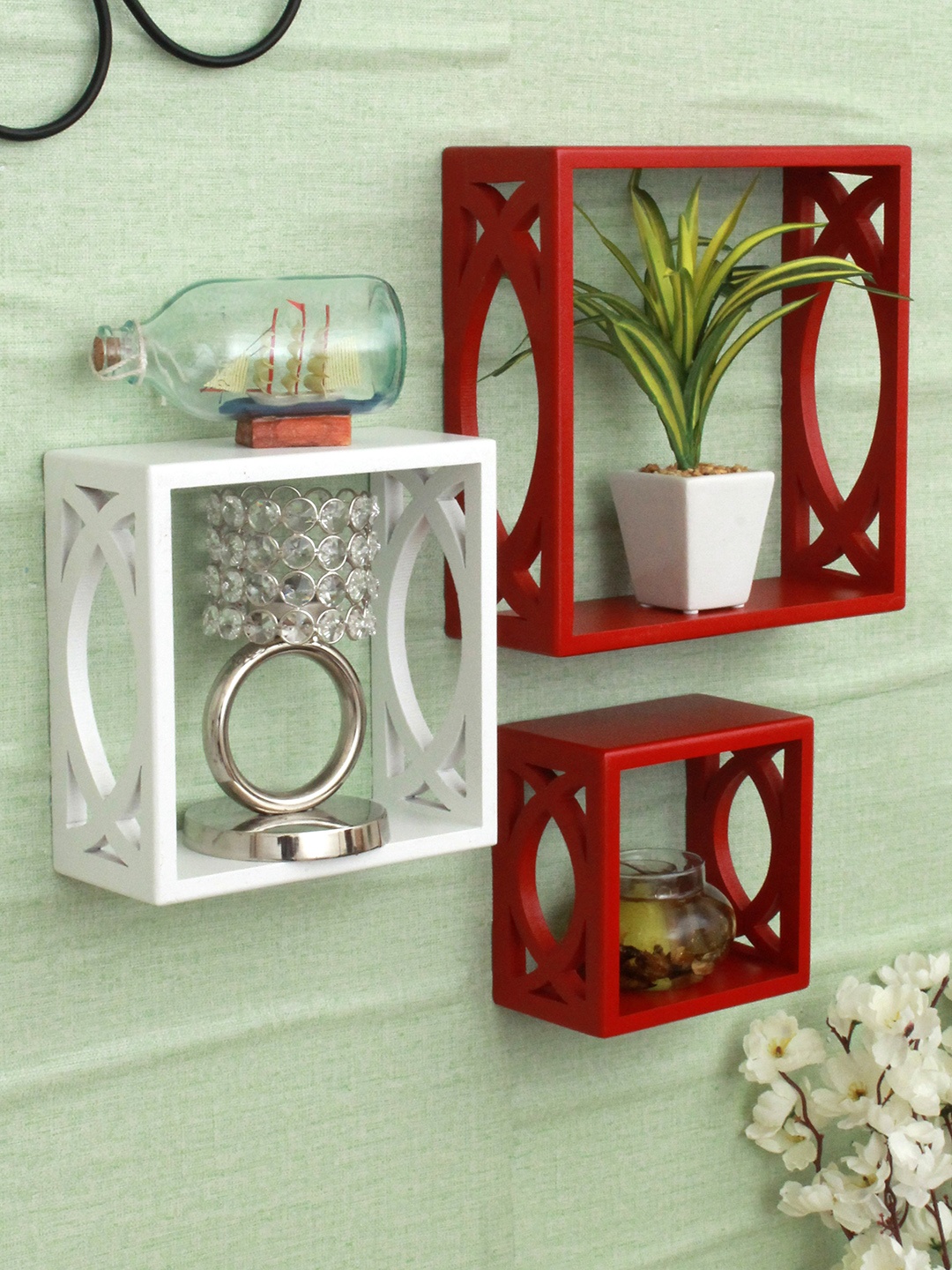 

Home Sparkle Red & White Set Of 3 MDF Basic Wall Shelves