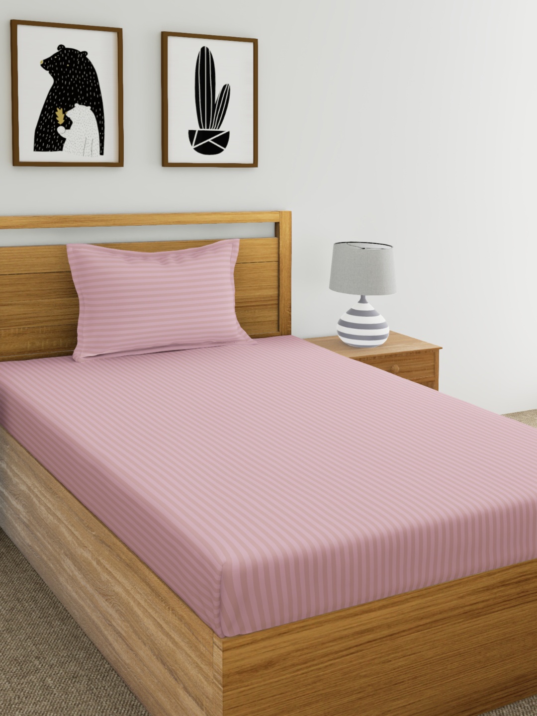 

Dreamscape Pink Striped 220 TC Cotton 1 Single Bedsheet with 1 Pillow Cover