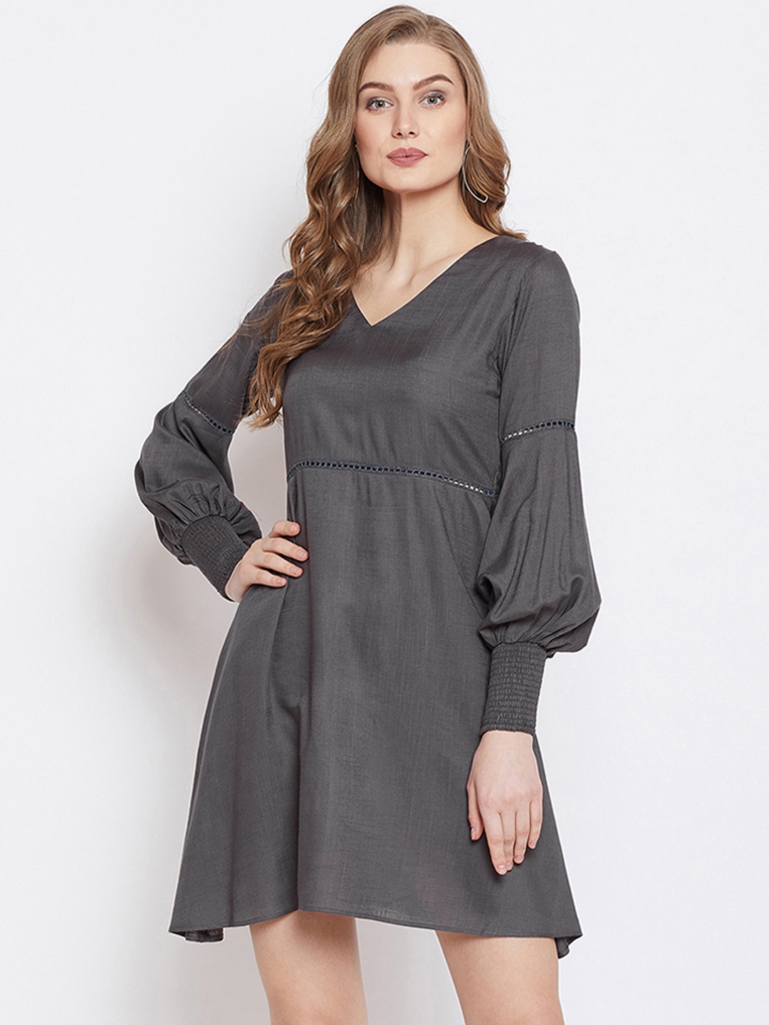 

PANIT Women Grey Self Design Fit and Flare Dress
