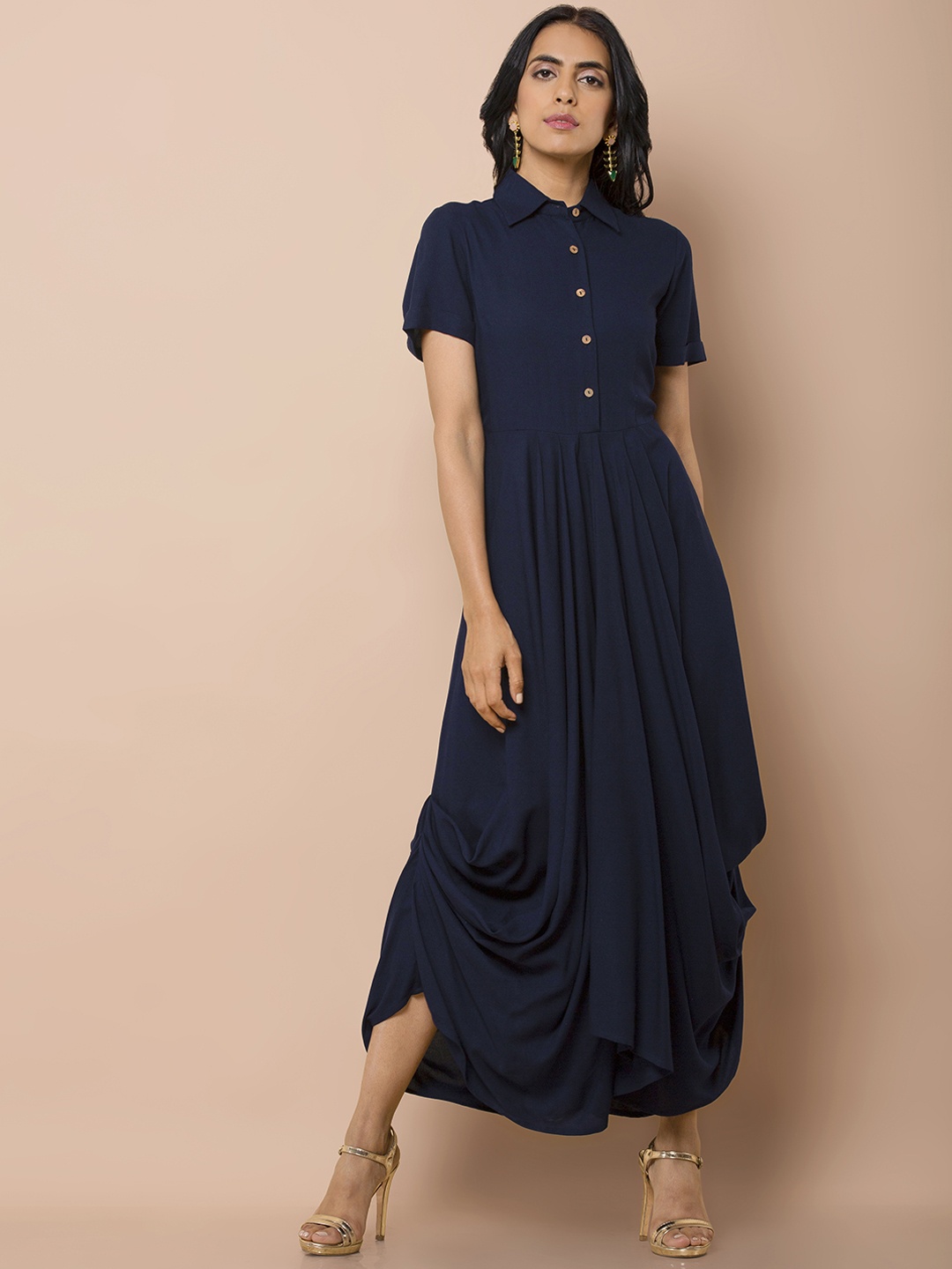 

INDYA Navy Cowl Sides Buttoned Yoke Tunic, Blue
