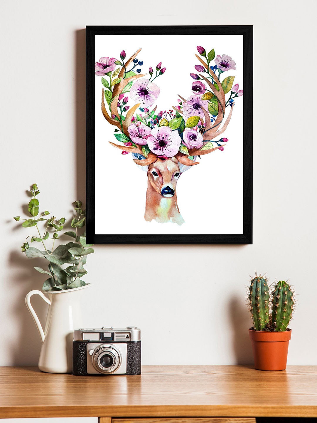 

Art Street Multicoloured Deer With Flower Wall Art With Wooden Frame, Multi
