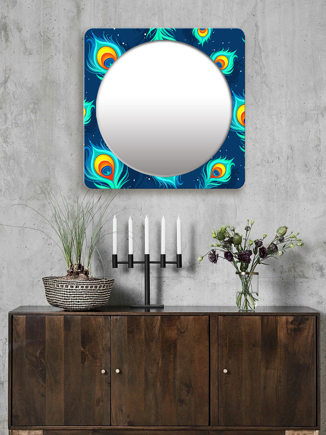 

999Store Blue Printed Square MDF Wall Mirror