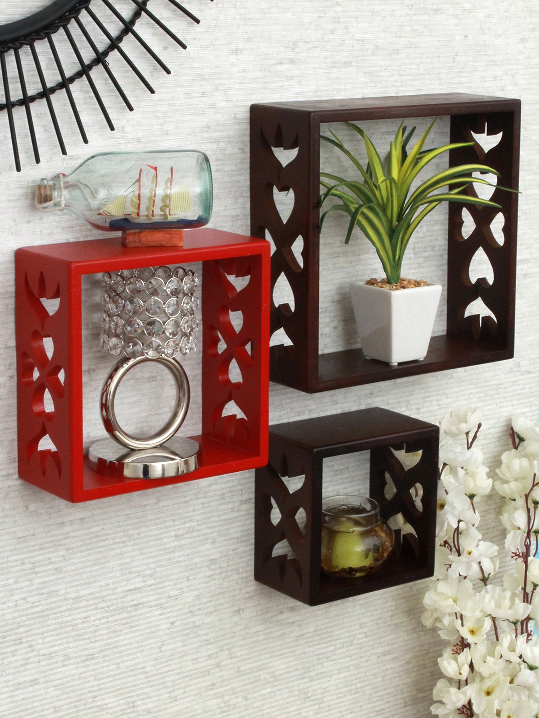 

Home Sparkle Red & Brown Set Of 3 MDF Basic Wall Shelves