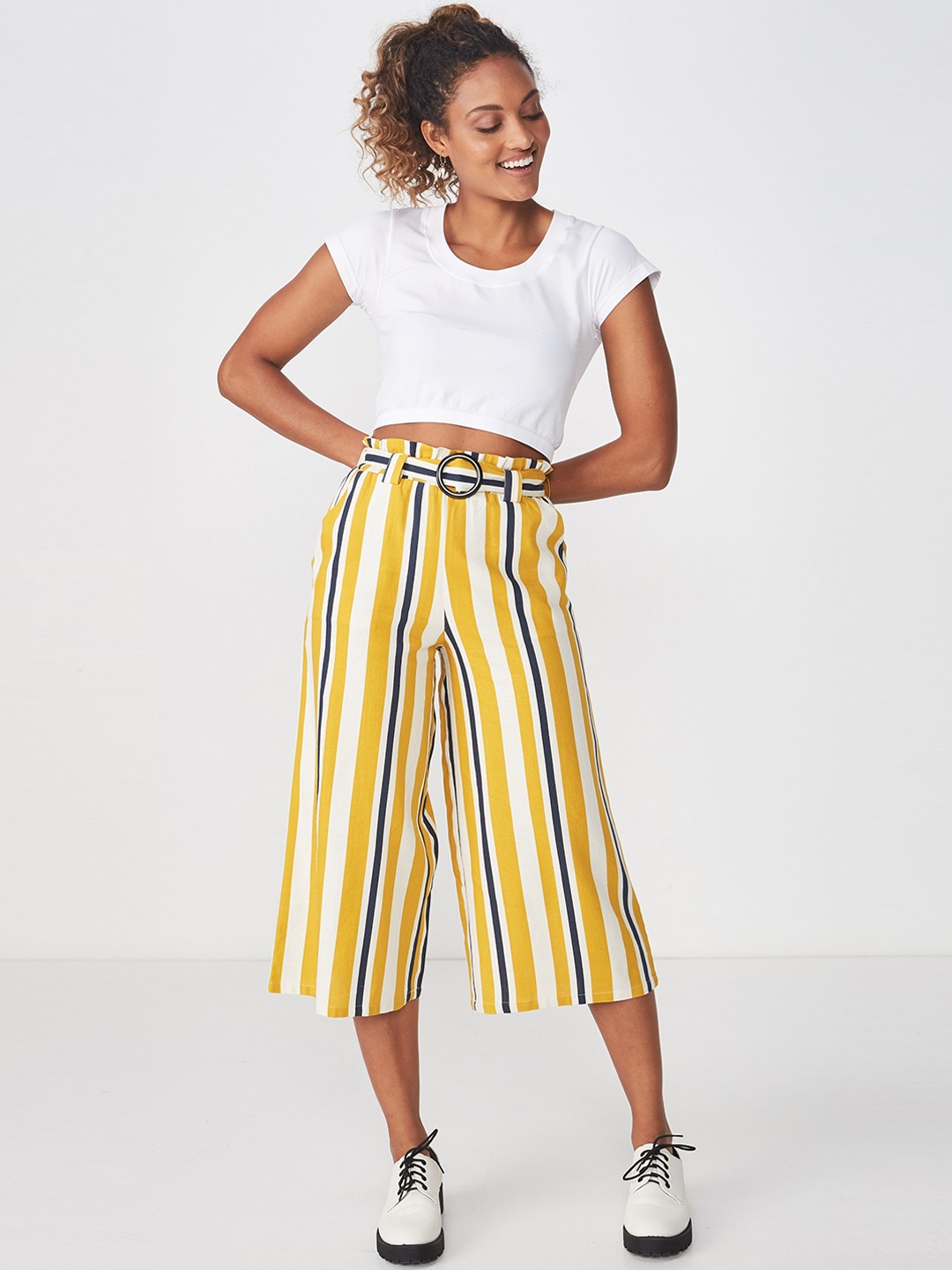 

COTTON ON Women Yellow & Off-White Loose Fit Striped Linen Culottes