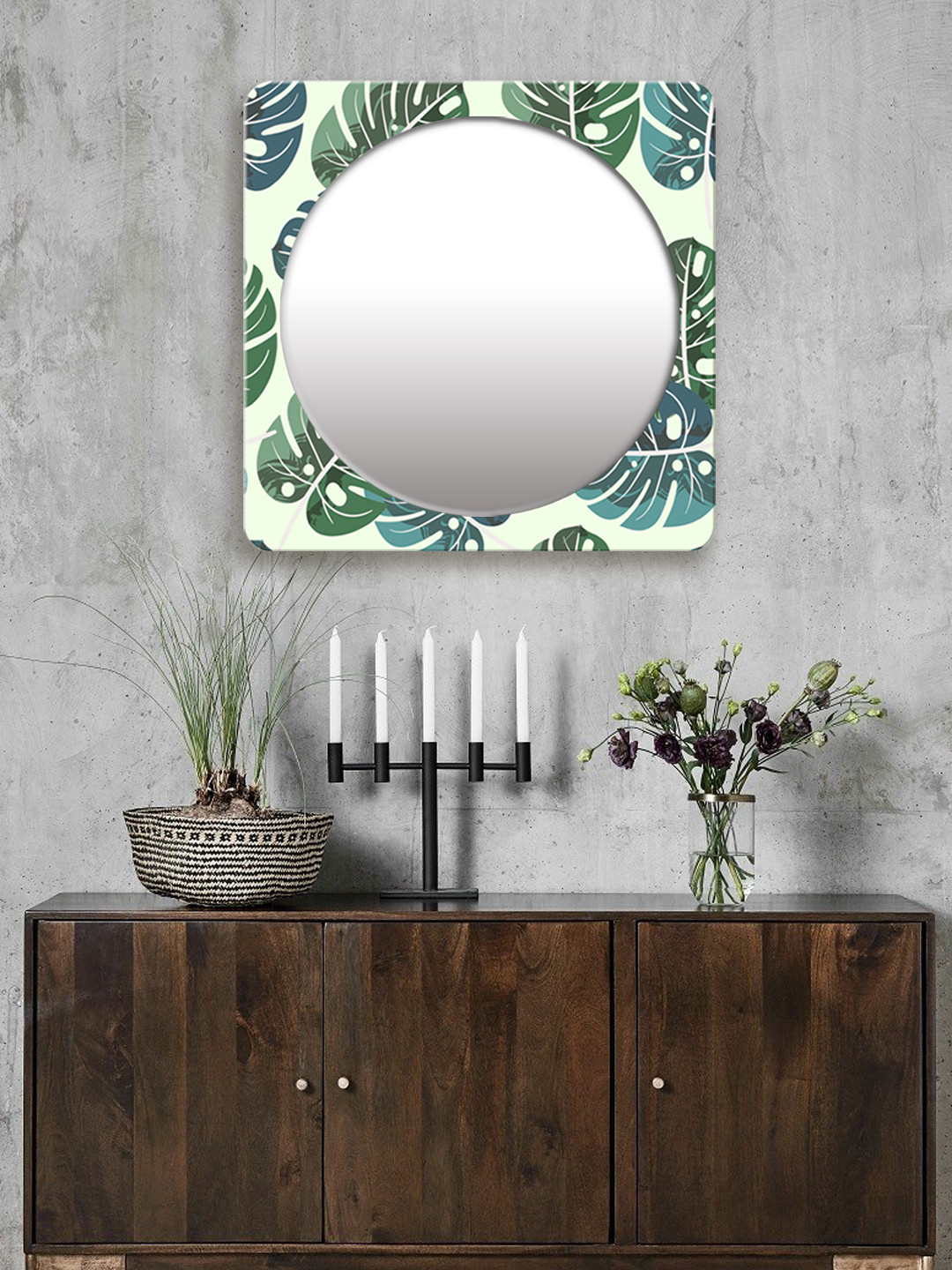 

999Store Green & White Printed Square MDF Wall Mirror