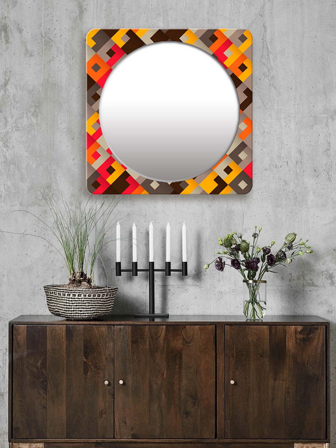 

999Store Yellow & Multicoloured Printed Square MDF Wall Mirror