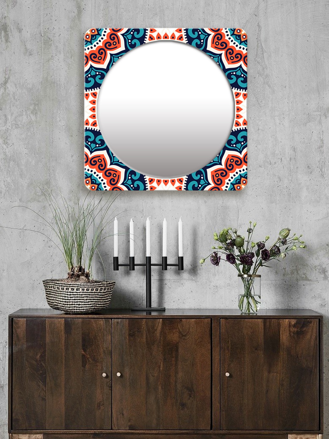

999Store Blue & Orange Printed Square MDF Wall Mirror