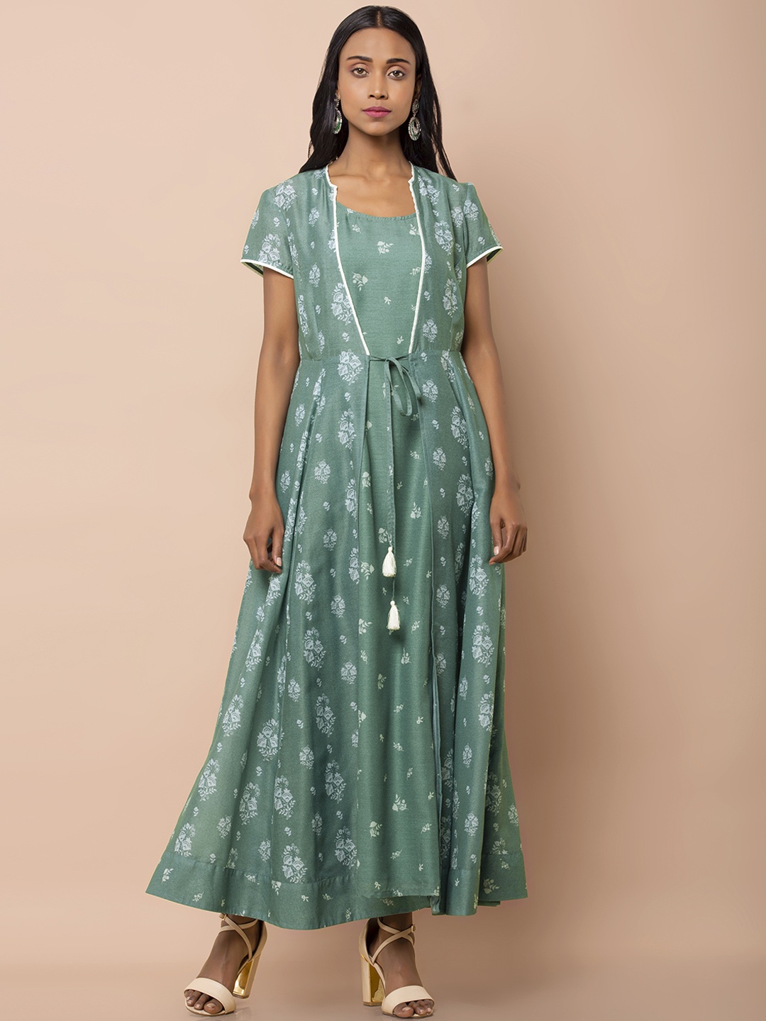 

INDYA Women Green Printed Layered Maxi Dress with Attached Jacket