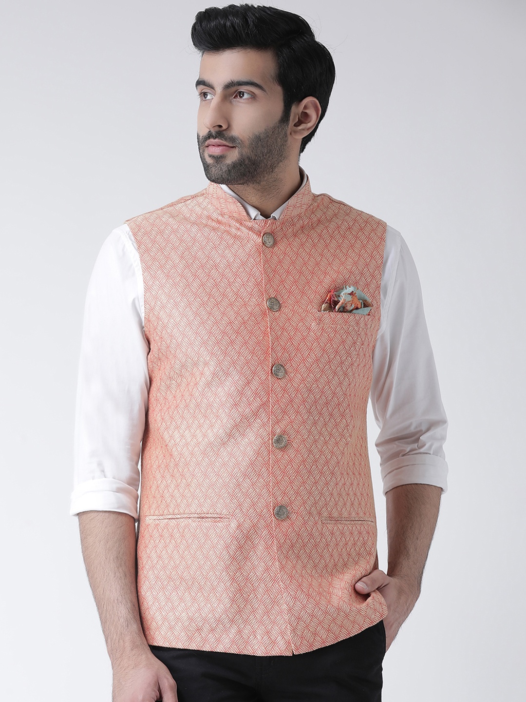 KISAH Men Peach-Coloured Woven Design Nehru Jacket