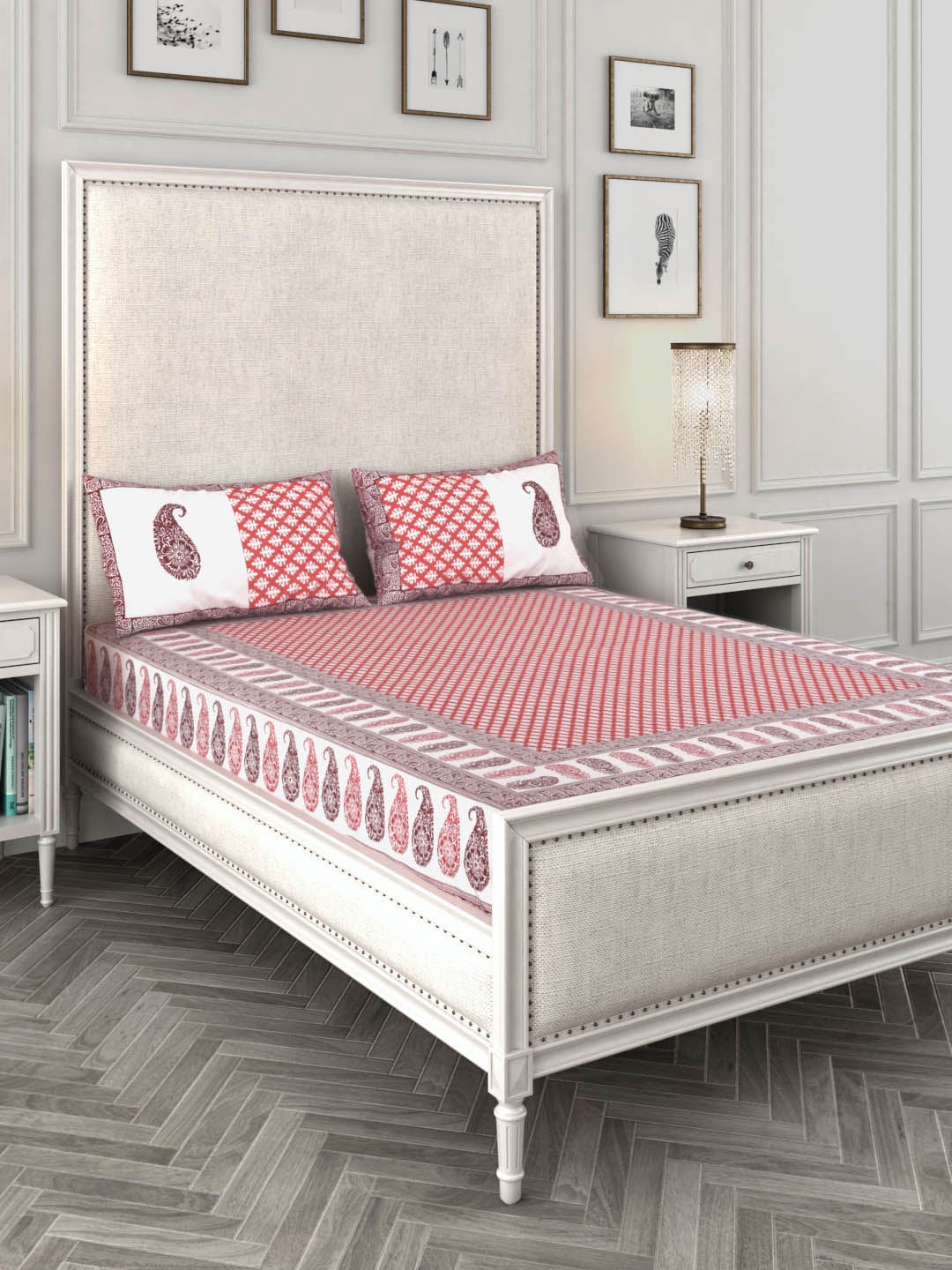 

Rajasthan Decor Red & Beige 144 TC Cotton Queen Bedsheet with 2 Pillow Covers