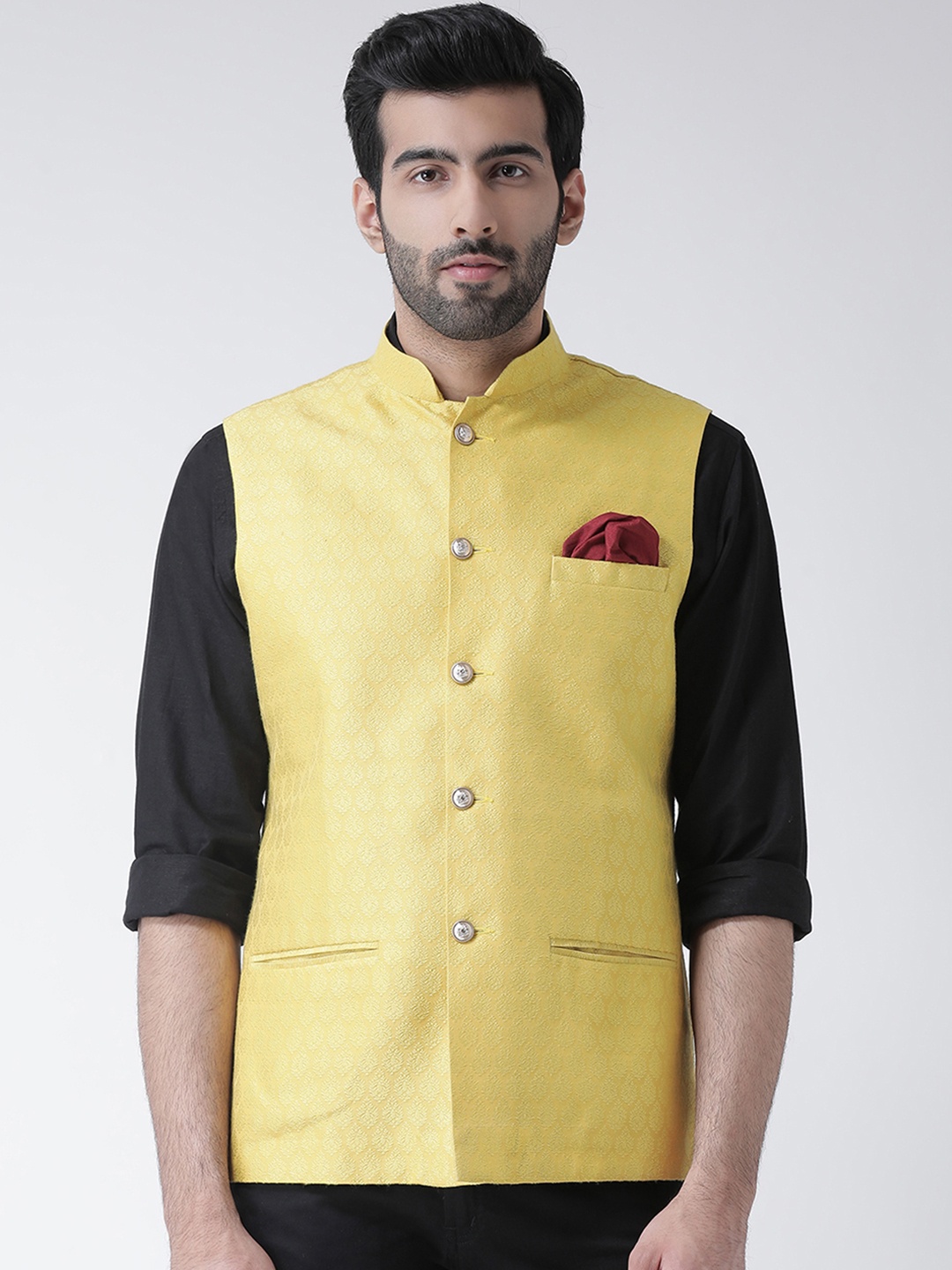 

KISAH Men Yellow Woven Design Nehru Jacket