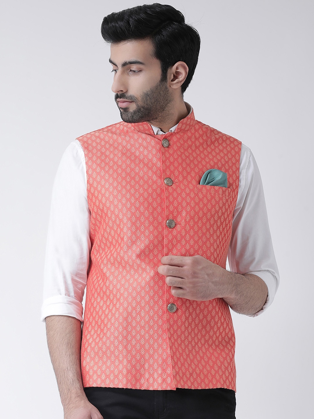 

KISAH Men Coral-Coloured Woven Design Nehru Jacket