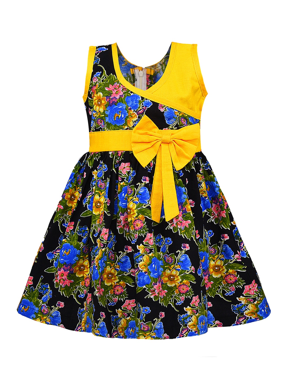 

Wish Karo Girls Yellow & Navy Blue Printed Fit and Flare Dress