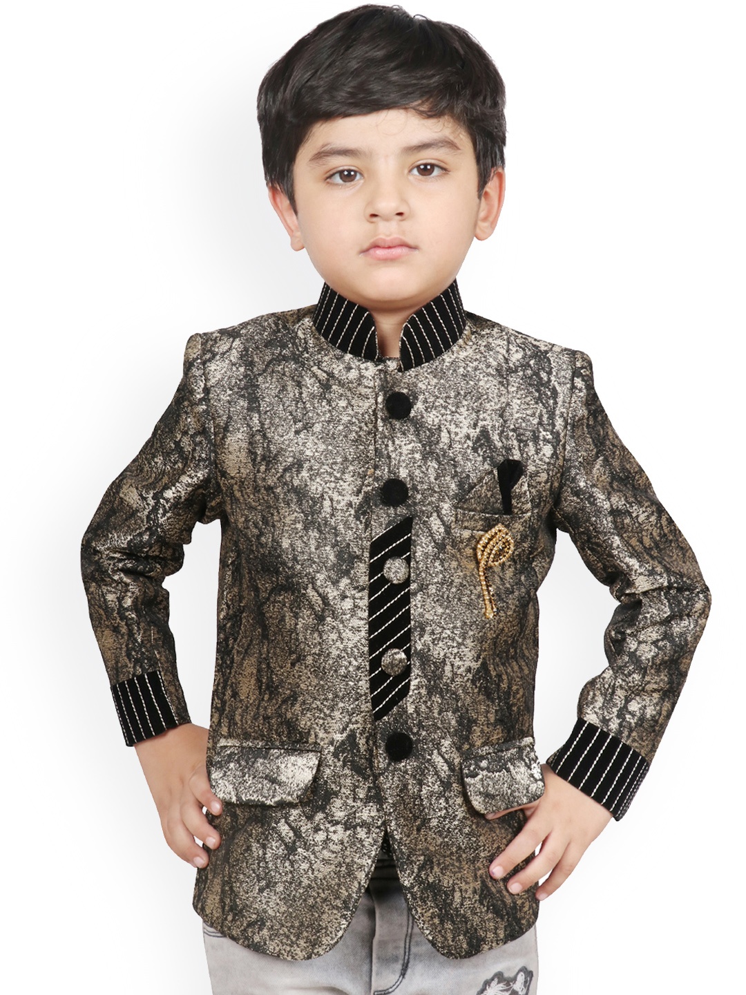 

SG YUVRAJ Boys Black Self-Design Regular-Fit Bandhgala Blazer