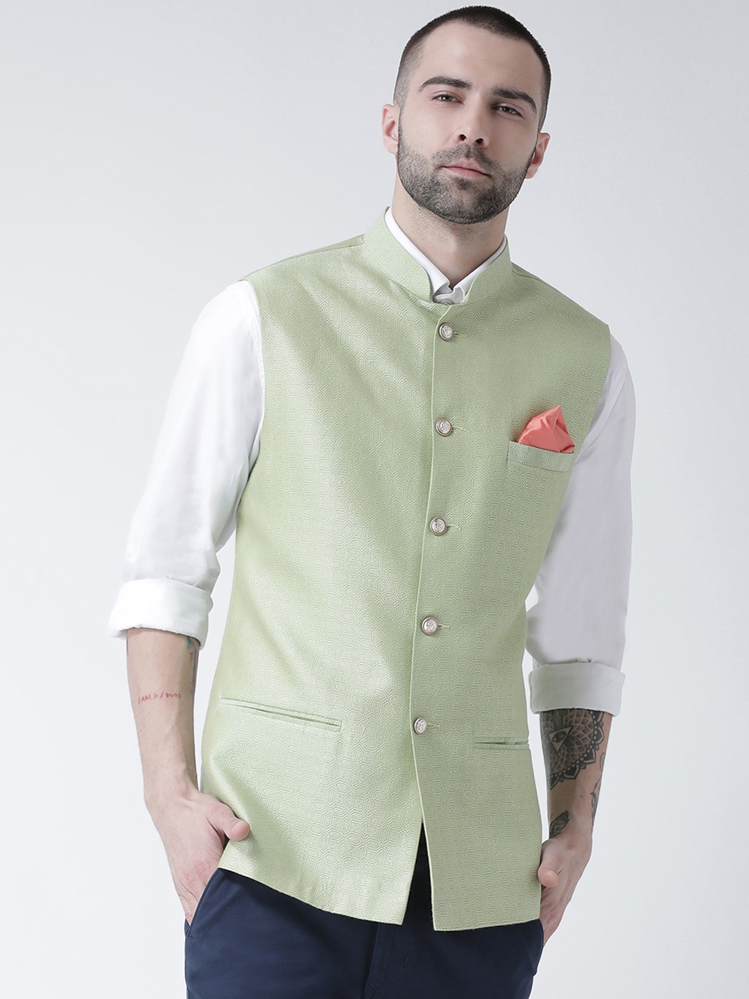 

KISAH Men Green Woven Design Nehru Jacket