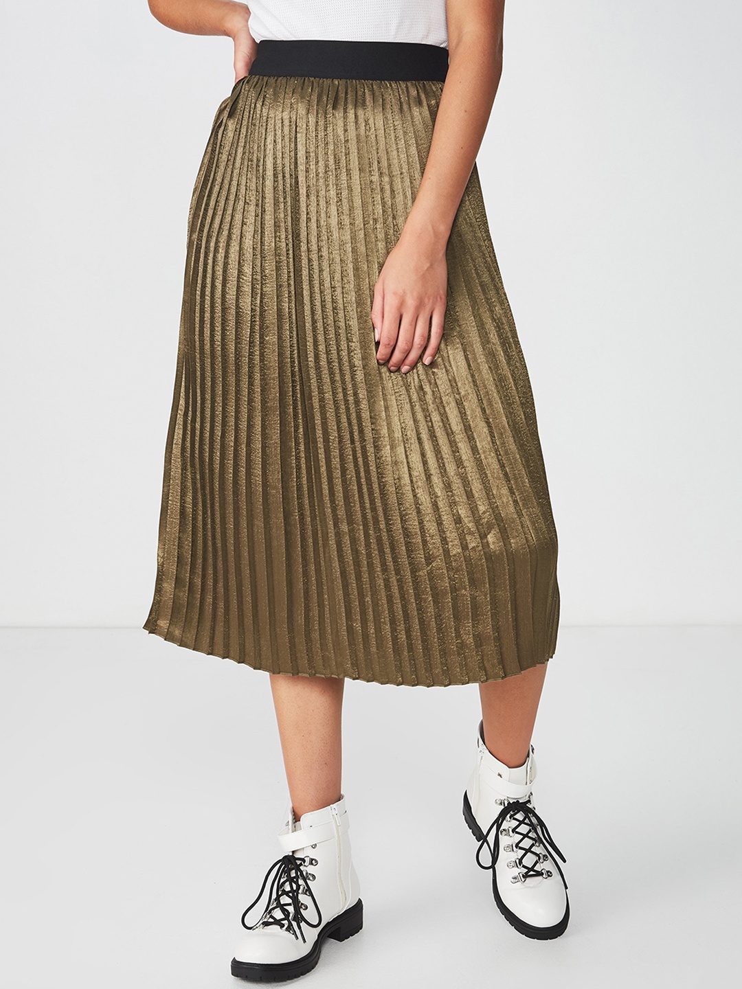 COTTON ON Women Olive Green Solid A-Line Midi Skirt