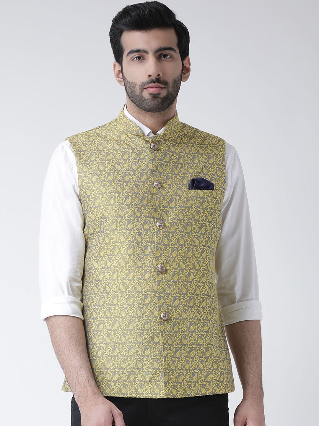 

KISAH Men Yellow Woven Design Nehru Jacket