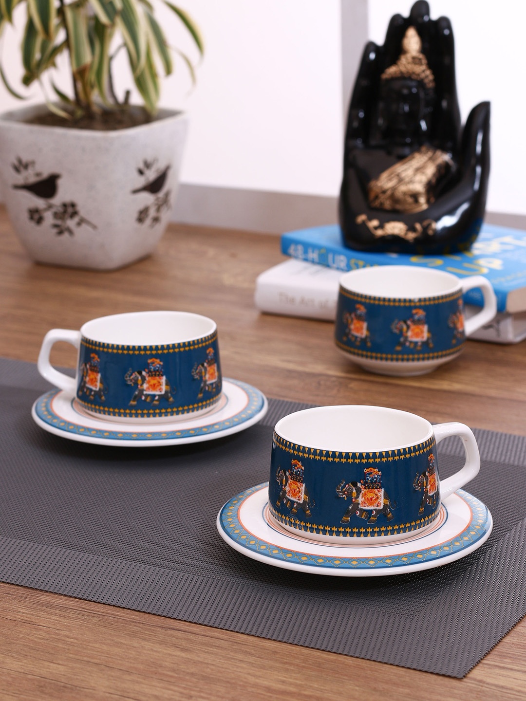 

India Circus Set of 6 Blue & White Printed Bone China Cups and Saucers