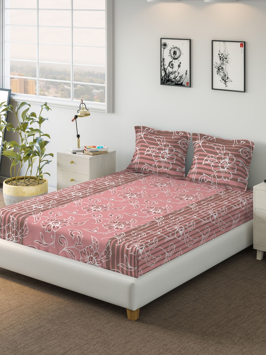DDecor Pink & Brown Floral 144 TC Cotton 1 Queen Bedsheet with 2 Pillow Covers