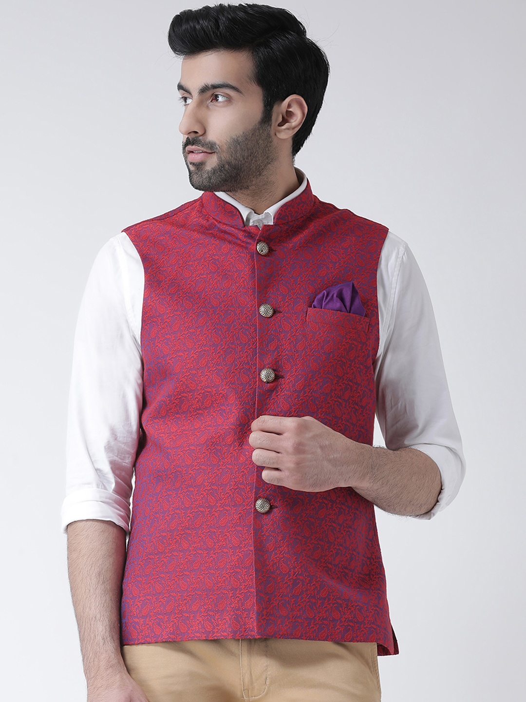 

KISAH Men Red Woven Design Nehru Jacket