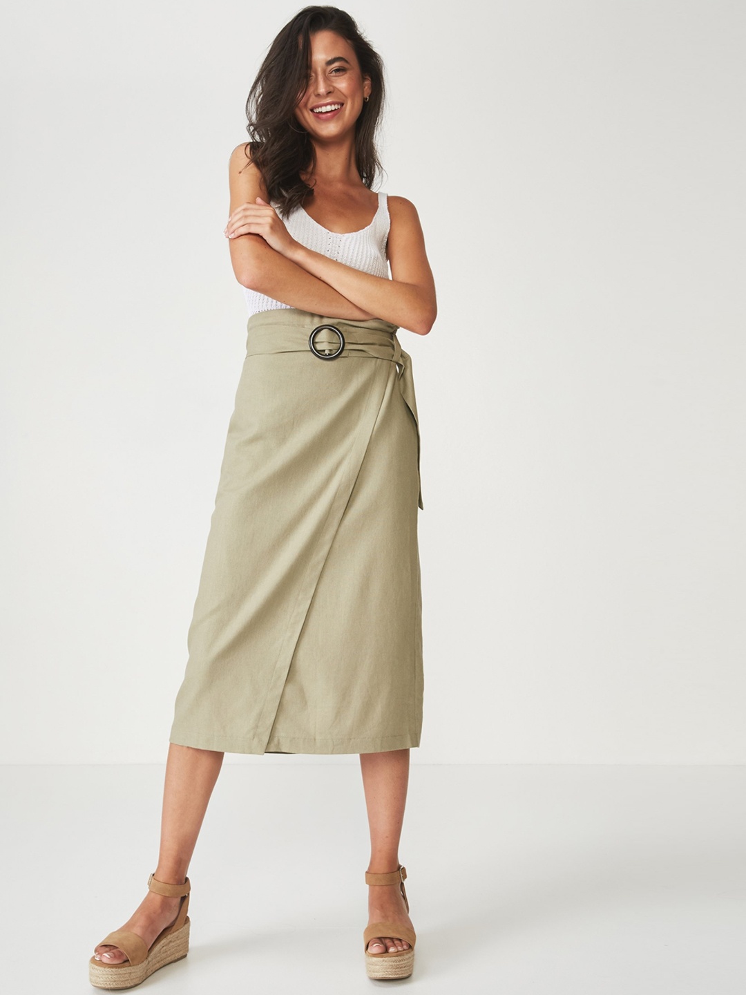 

COTTON ON Women Olive Green Solid Wrap Midi Skirt