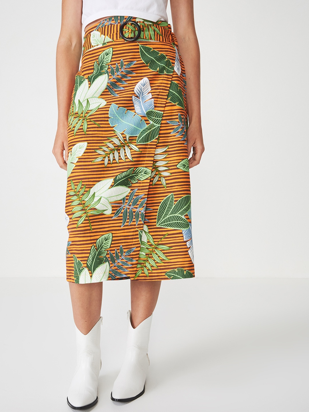 COTTON ON Women Orange Printed Wrap Midi Skirt