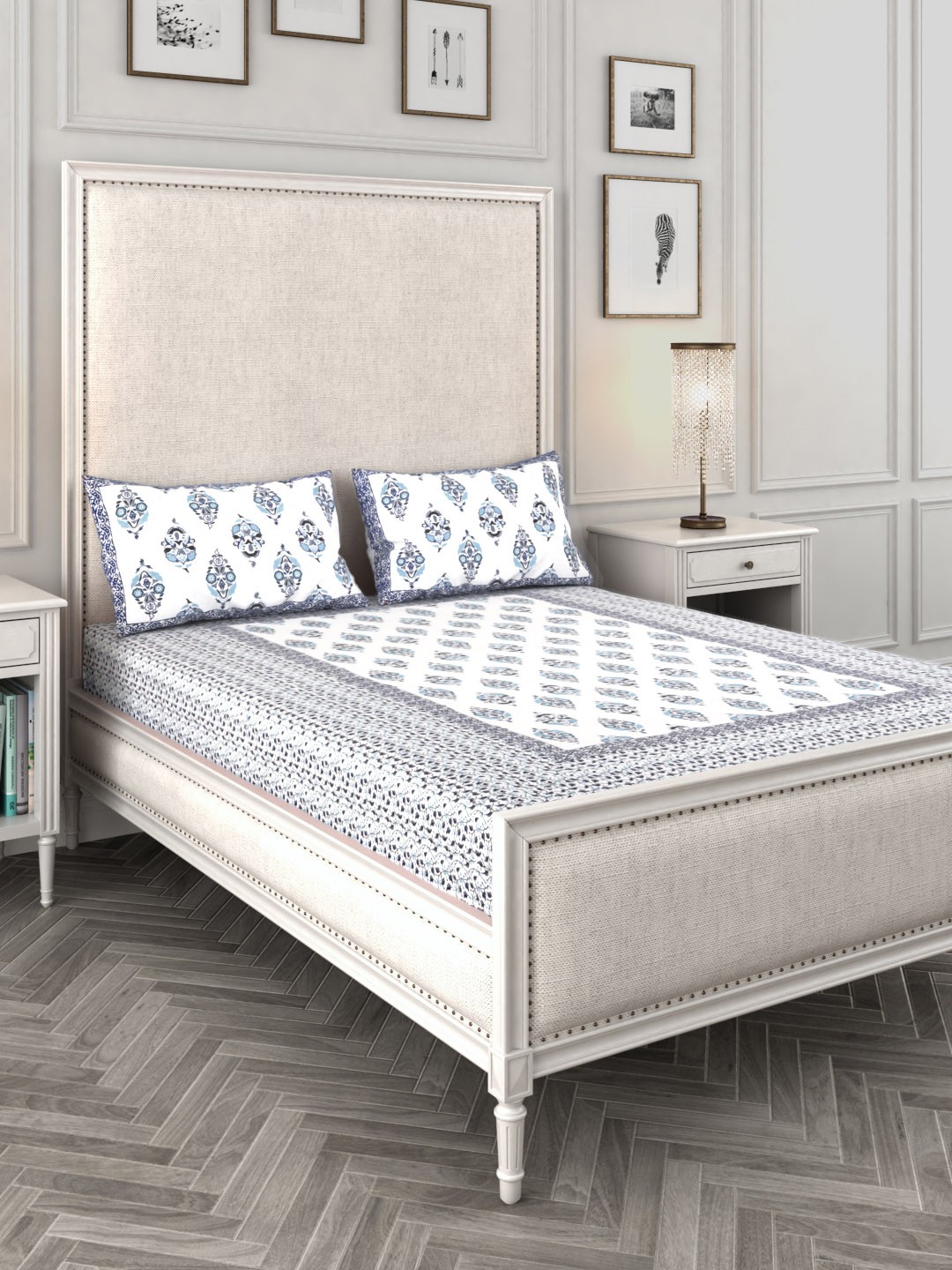 

Rajasthan Decor White & Grey 144 TC Cotton Queen Bedsheet with 2 Pillow Covers