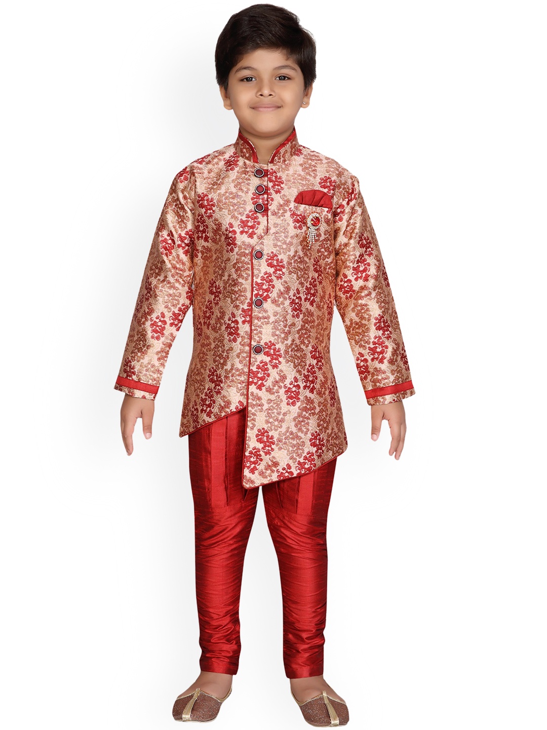 

Aj DEZInES Boys Maroon & Beige Printed Sherwani Set