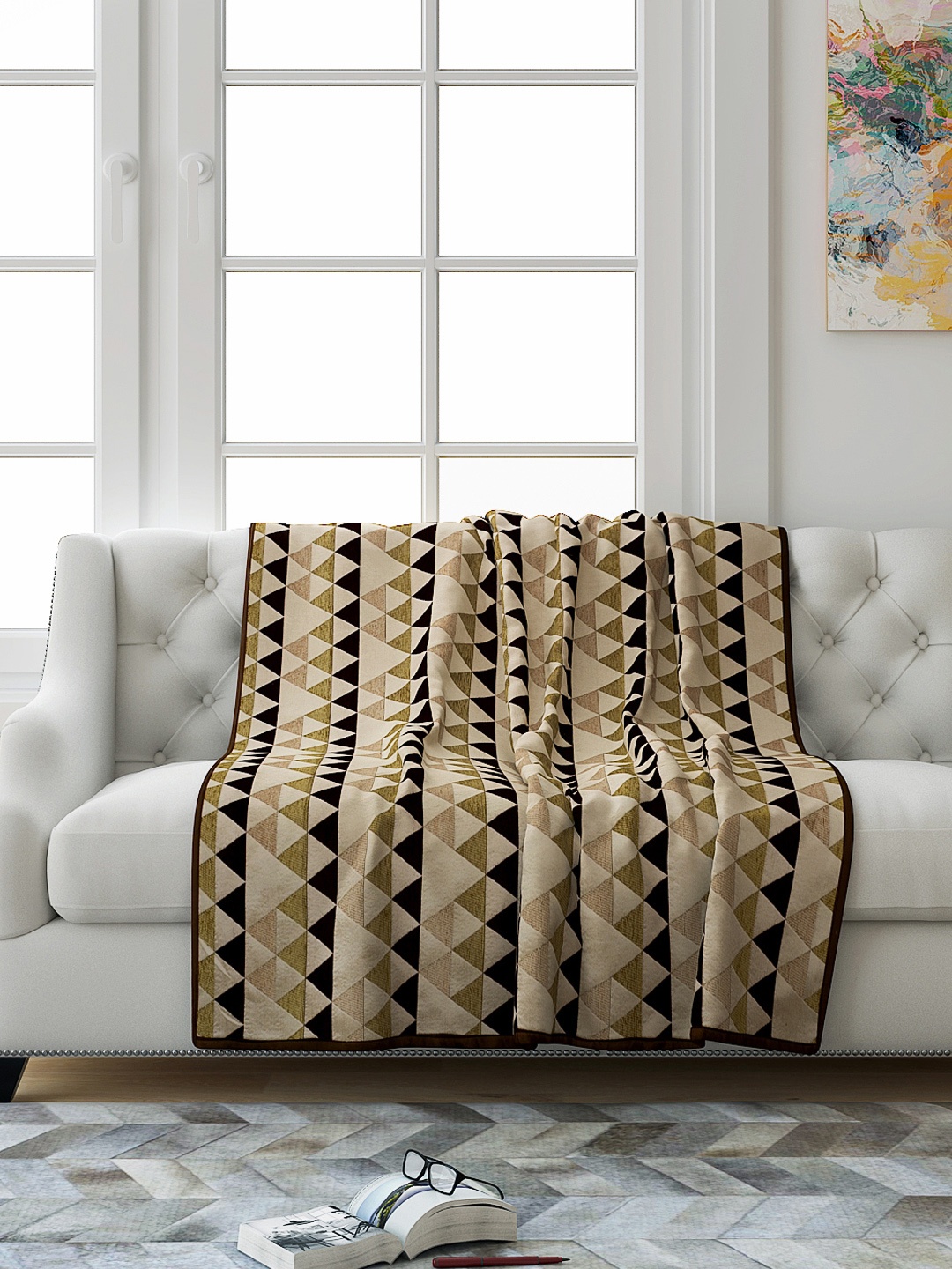 Saral Home Brown & Beige Geometric 2 Seaters Reversible Sofa Throw