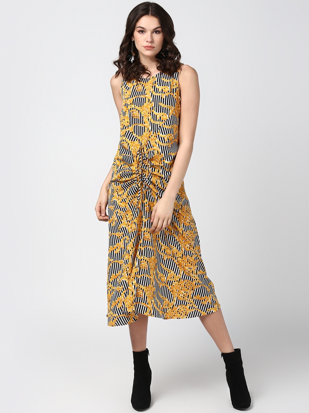 StyleStone Women Yellow Striped Fit and Flare Dress
