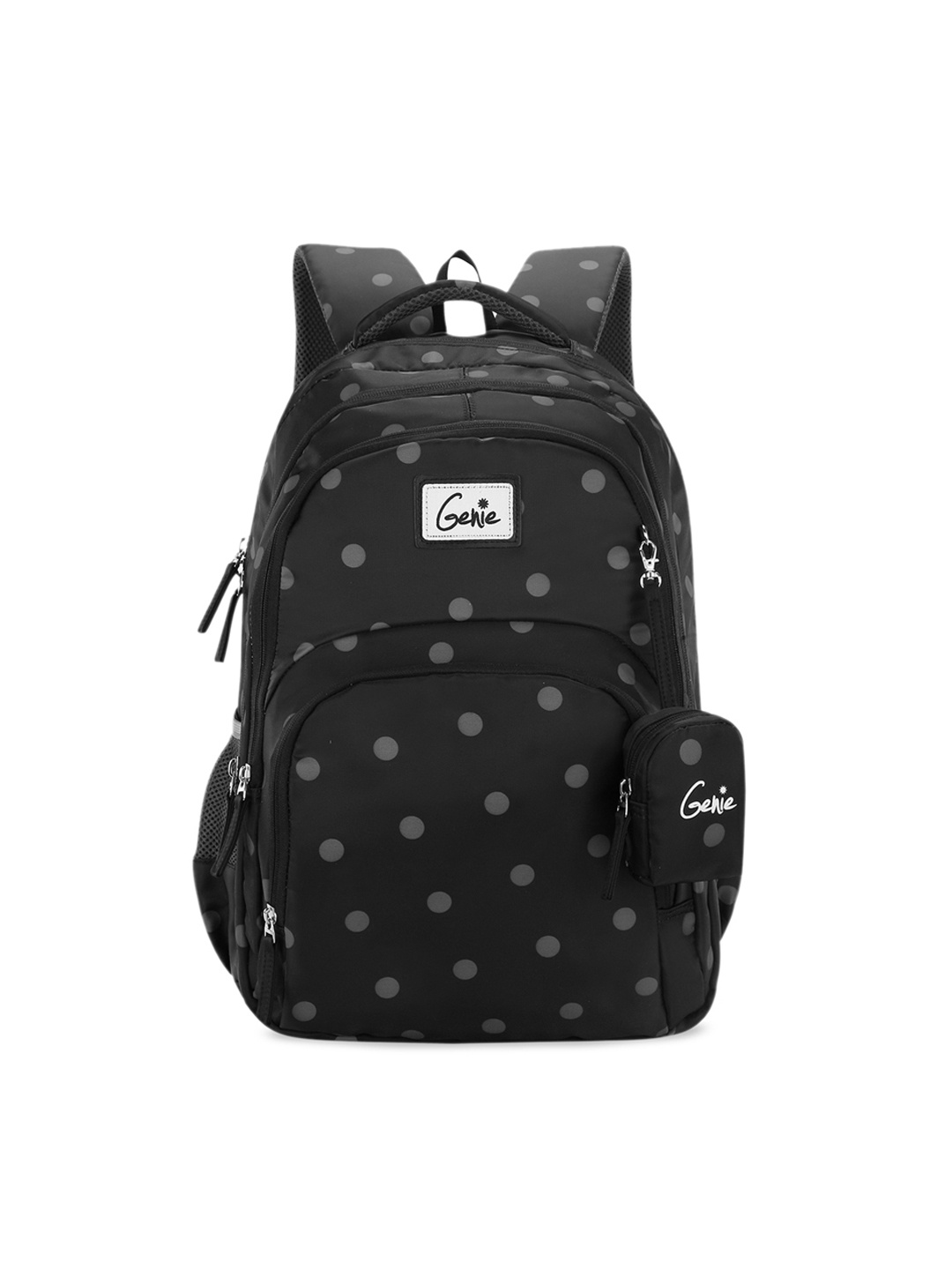 

Genie Girls Black & Grey Polka Dots Print 17 inches Medium Backpack with Pouch
