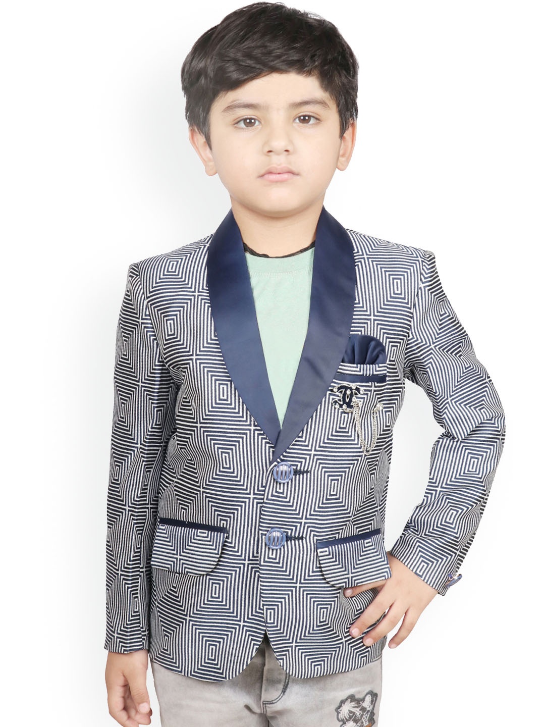 

SG YUVRAJ Boys Blue Checked Regular-Fit Bandhgala Blazer